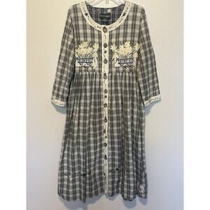 PAPY BOEZ Dress sz. S/M Plaid Embroidered Spring Garden Bird Floral Midi Cottage